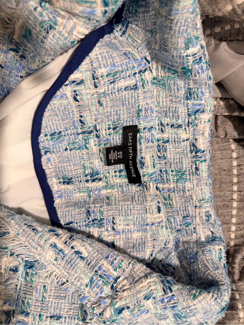 Saks Fifth Avenue Light Blue Tweed Jacket with White and Green Accents - Picture 2 of 3